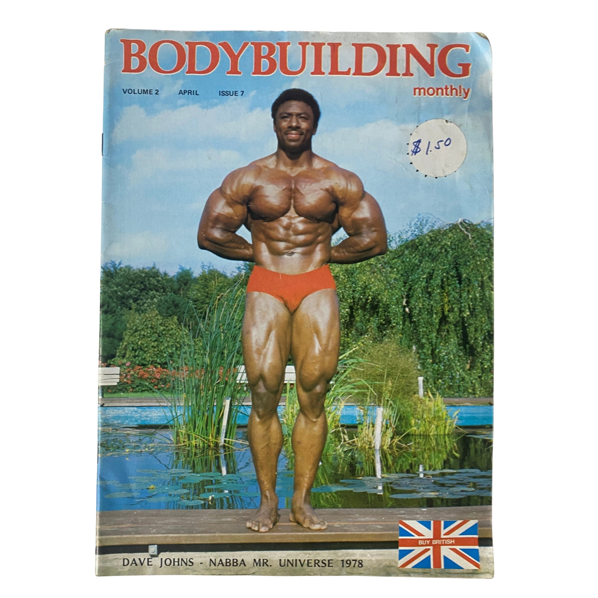 Cover of Bodybuilding Monthly Magazine, April 1979 featuring Dave Johns, NABBA Mr. Universe 1978 with a scenic background. A must-have collector's item for bodybuilding enthusiasts.