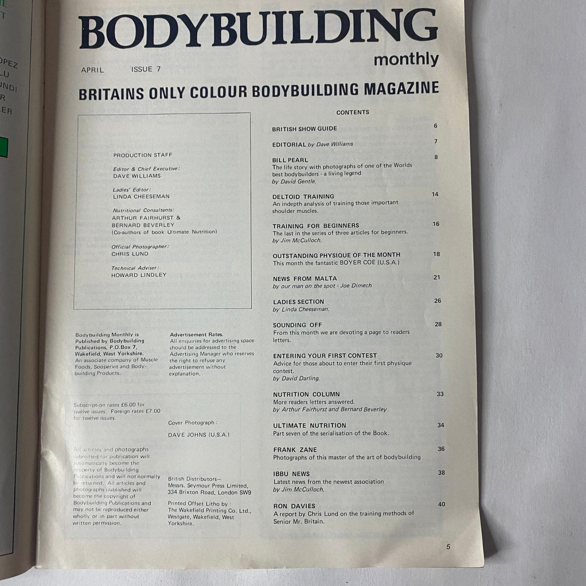 Table of contents page from Bodybuilding Monthly Magazine, April 1979 outlining features including articles, training segments, and highlights from the bodybuilding community.