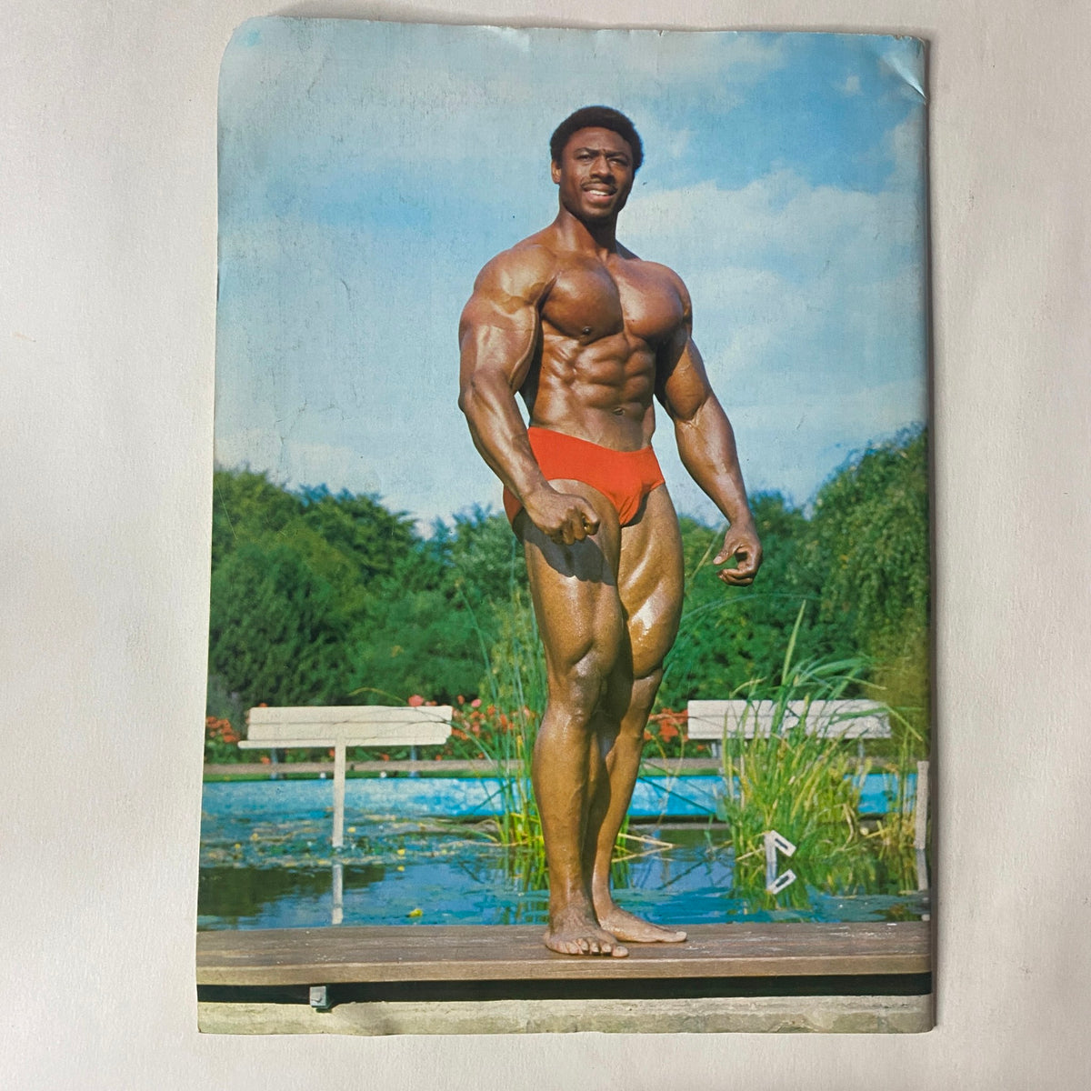 A muscular athlete posing on a sunny day near a pond, showcasing the physique of a bodybuilder. This image is from the 'Bodybuilding Monthly Magazine April 1979', featuring Dave Johns with a centerfold, no label.