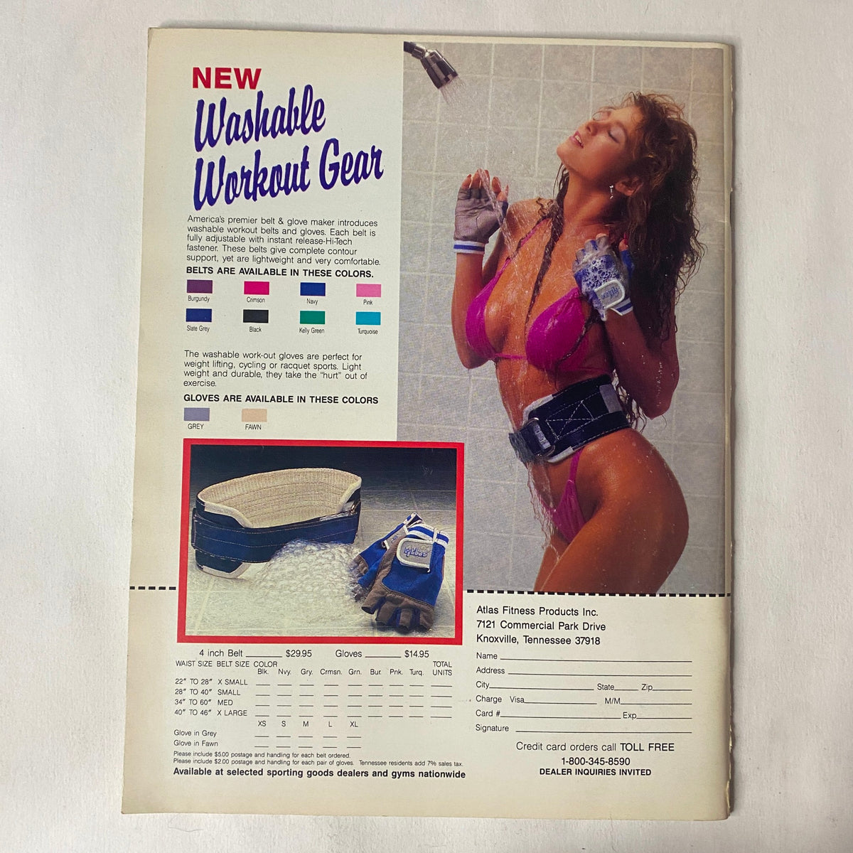 Advert for washable workout gear in Natural Body & Fitness Magazine July 1988 Vol 1 No 2, highlighting fitness belts and gloves.