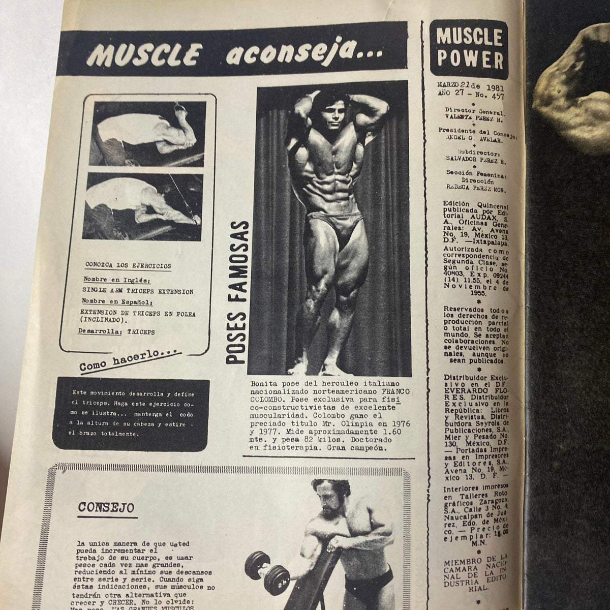 Muscle Power Magazine March 21, 1981 featuring a bodybuilding article and pose by Franco Colombo, the legendary Mr. Olympia, in a Spanish-language publication discussing 'Single Arm Triceps Extension' exercises.