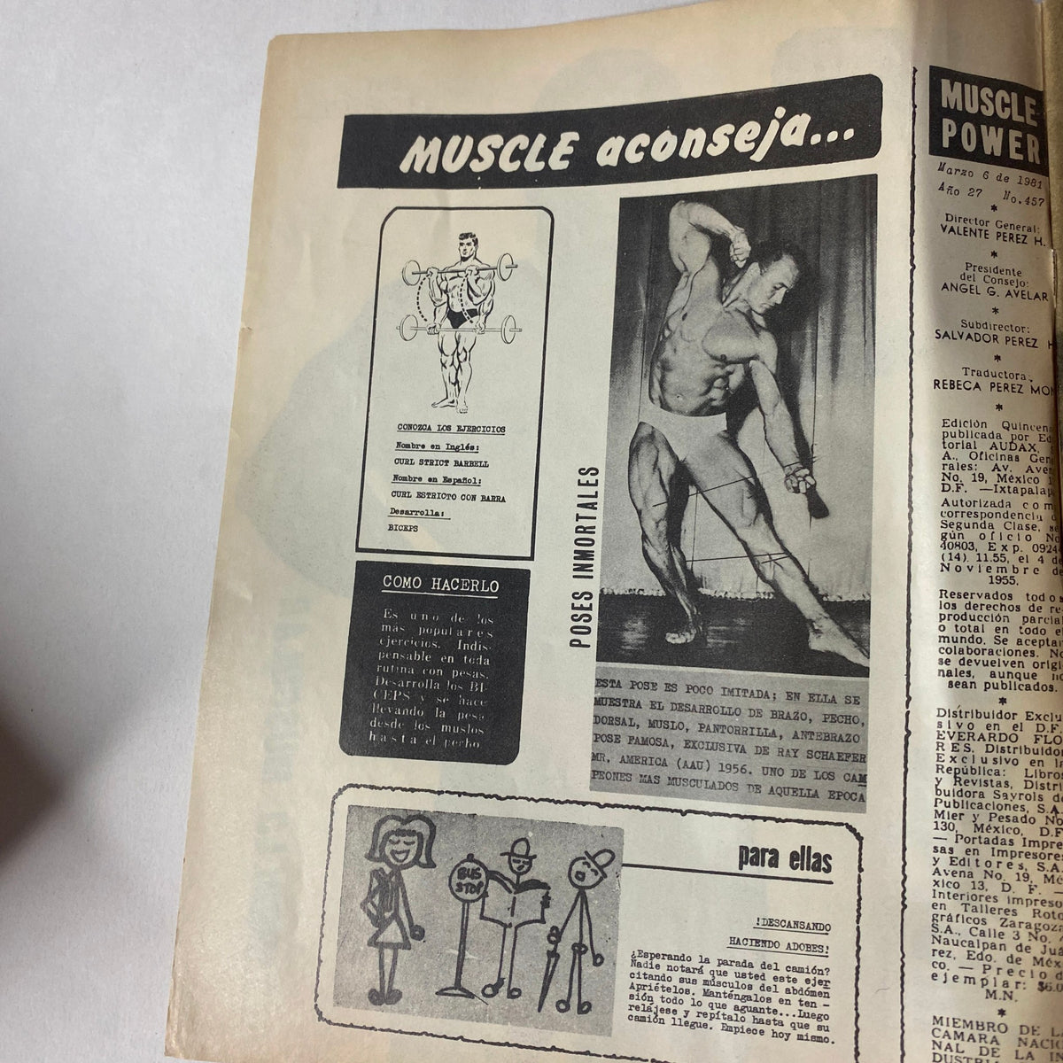 Inside page of Muscle Power Magazine March 6, 1981 with fitness advice and images demonstrating poses for bodybuilders. An educational feature reflecting early 1980s fitness trends.