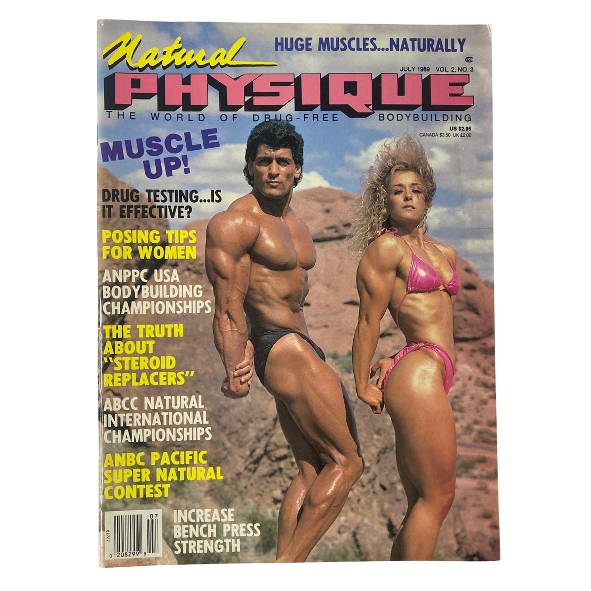 Natural Physique Magazine July 1989 cover featuring Pete Tsanios and Vikki Meads showcasing natural bodybuilding with the headline about drug testing and various fitness topics.