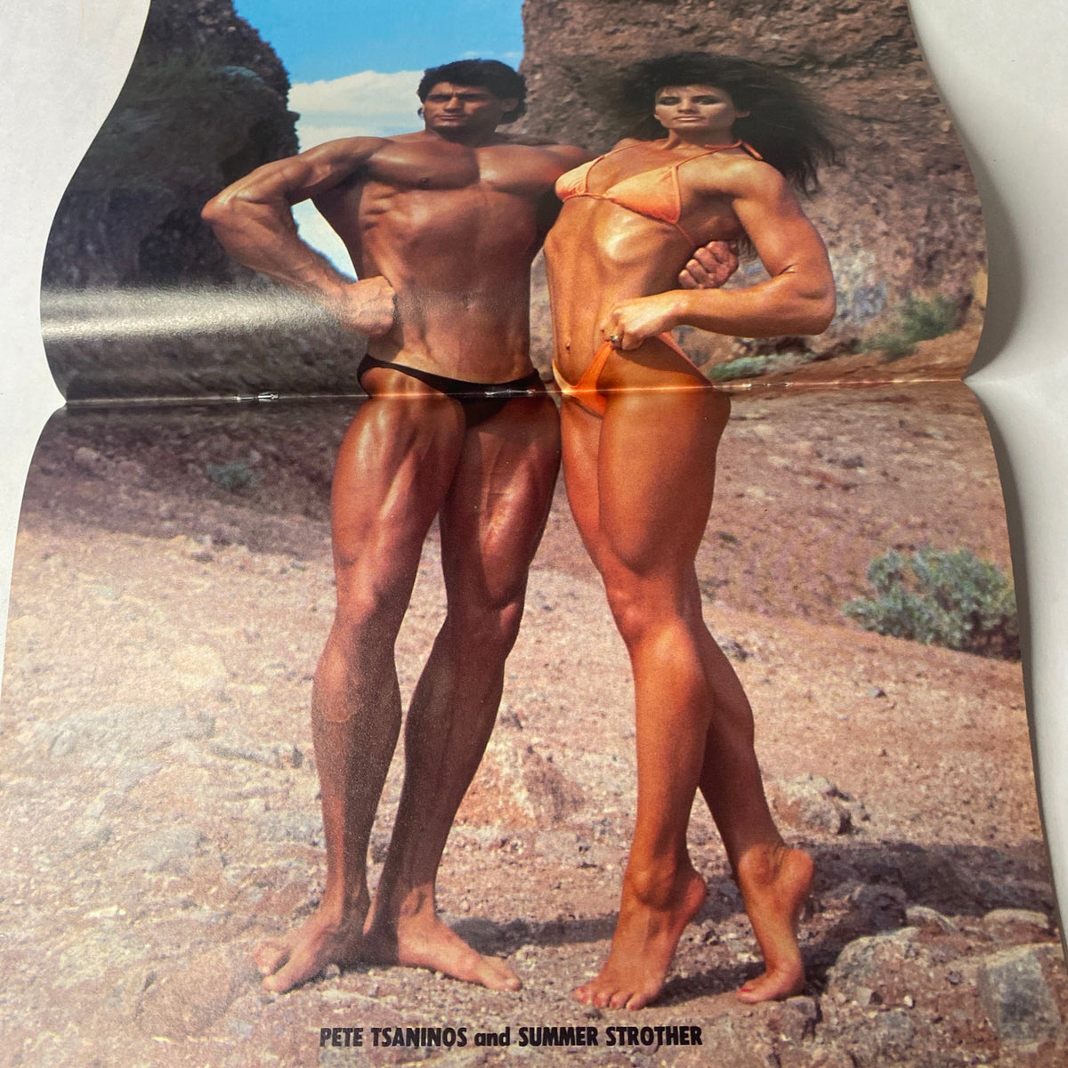 Centerfold from Natural Physique Magazine July 1989 featuring Pete Tsanios and Summer Strother in an outdoor setting, emphasizing muscle aesthetics and the natural bodybuilding movement.
