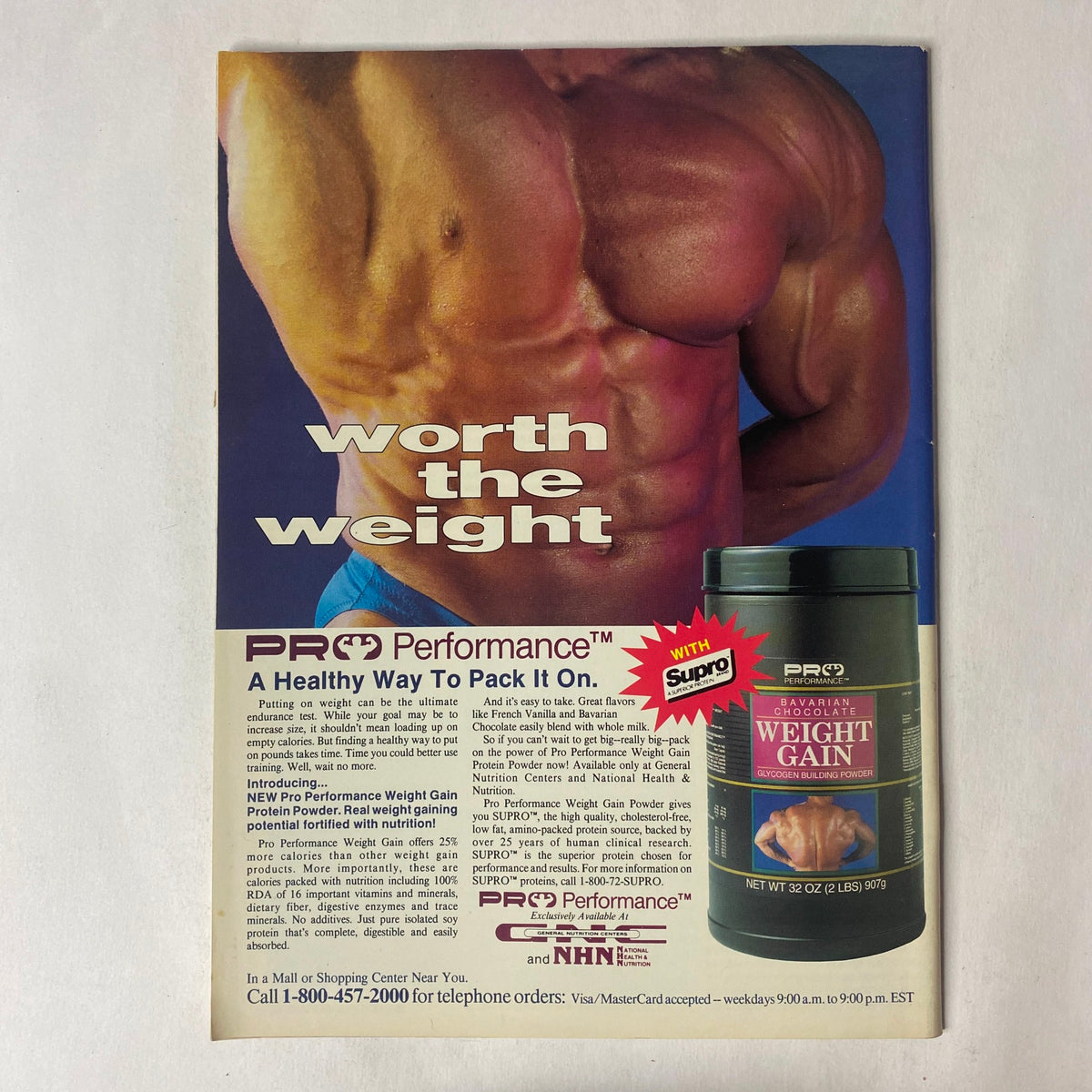 Advertisement from Natural Physique Magazine July 1989 promoting PRO Performance weight gain supplement, highlighting its benefits for bodybuilders.