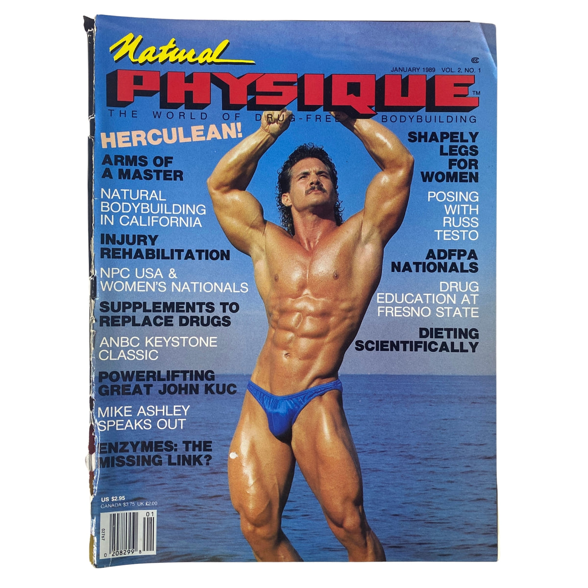 Cover of Natural Physique Magazine January 1989 featuring Mike Ashley showcasing bodybuilding techniques. The issue highlights insights on natural bodybuilding, training methods, and supplements, and covers contests like NPC Women's Nationals and ADFPA Powerlifting.