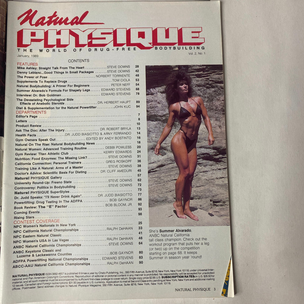 Cover of Natural Physique Magazine January 1989 featuring Mike Ashley and Summer Alvarado, showcasing bodybuilding content and features.