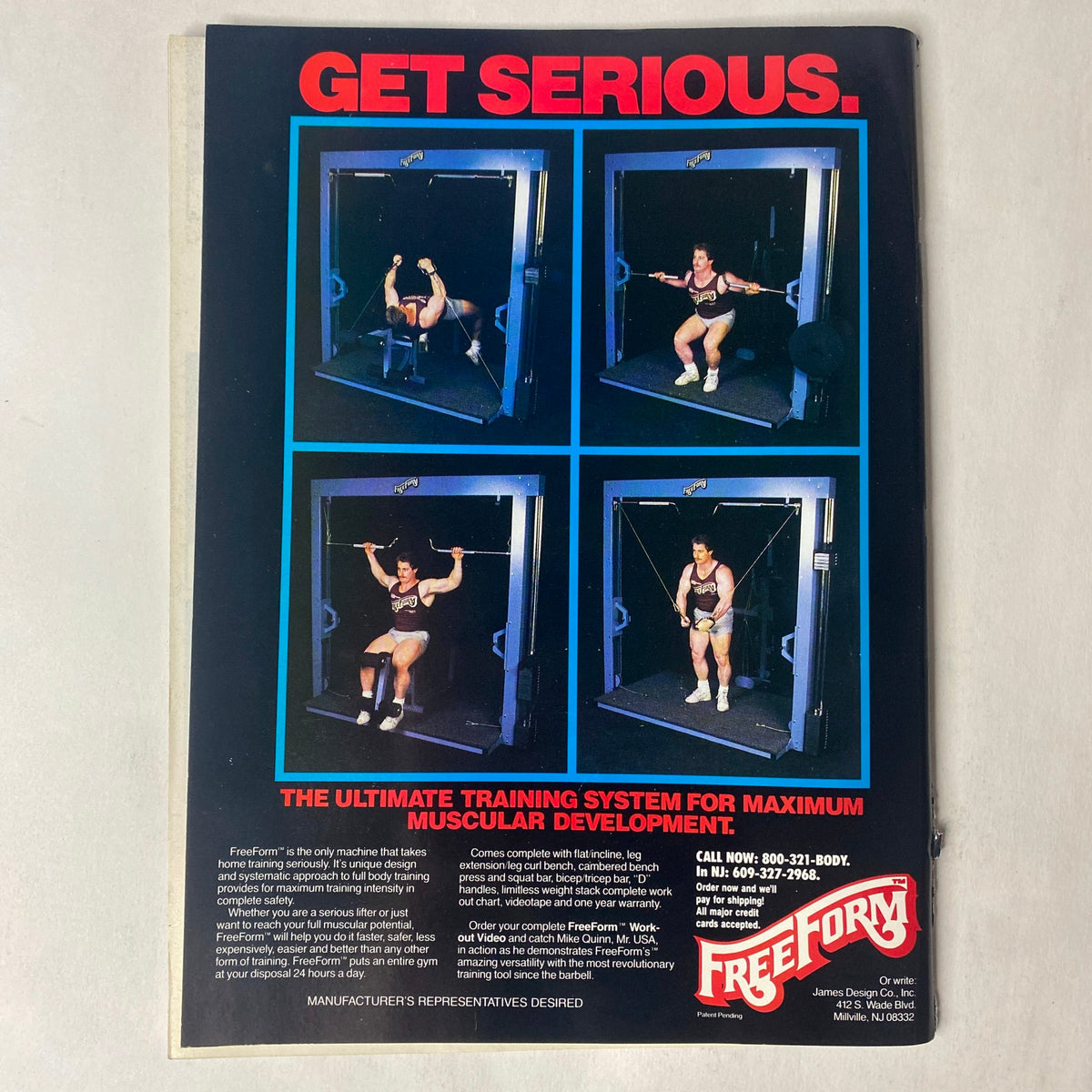 Back cover of Natural Physique Magazine January 1989, featuring an advertisement for Free Form, highlighting a training system for maximum muscular development.
