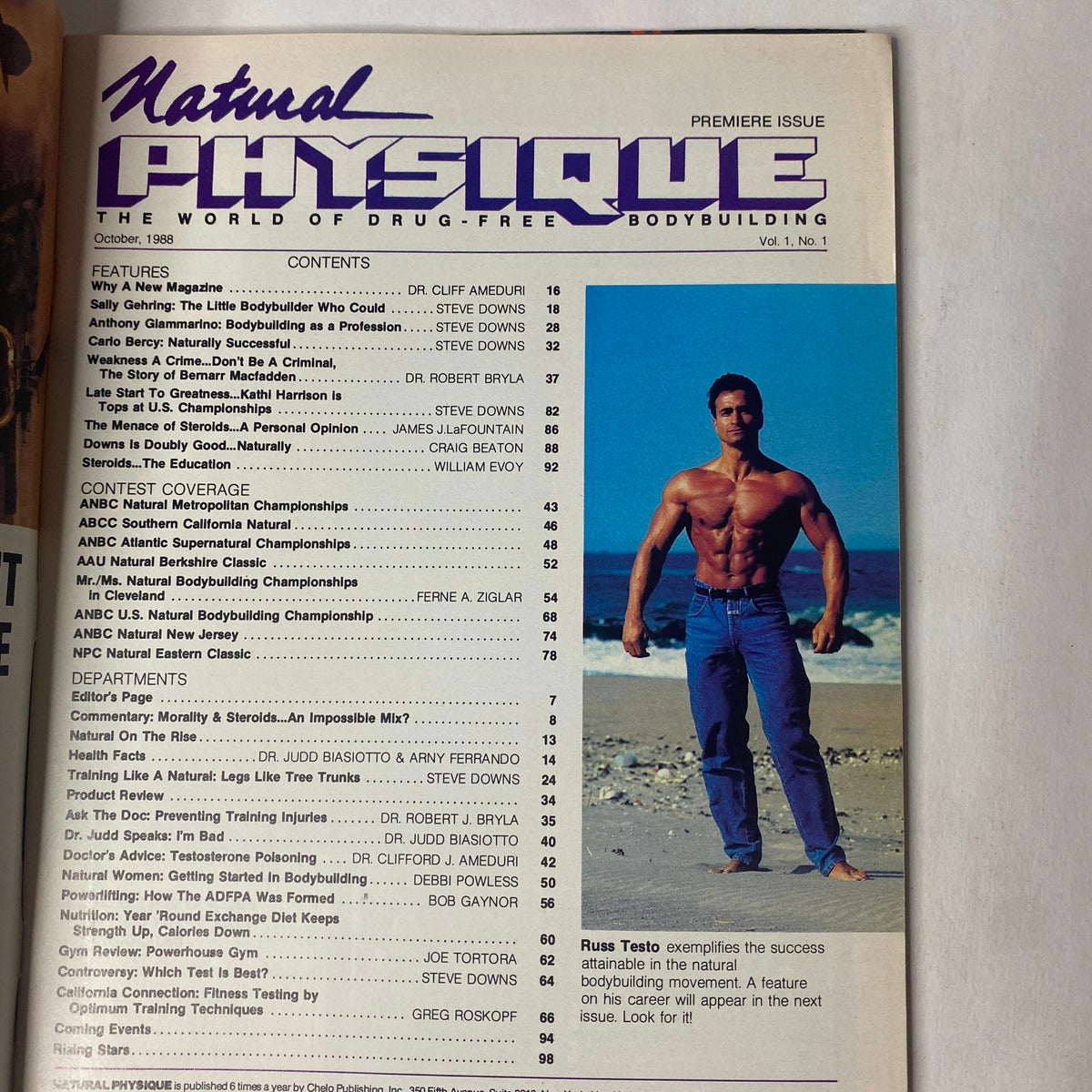 Interior page of Natural Physique Magazine October 1988 Vol 1 No 1 showcasing the table of contents, detailing features and articles related to natural bodybuilding.