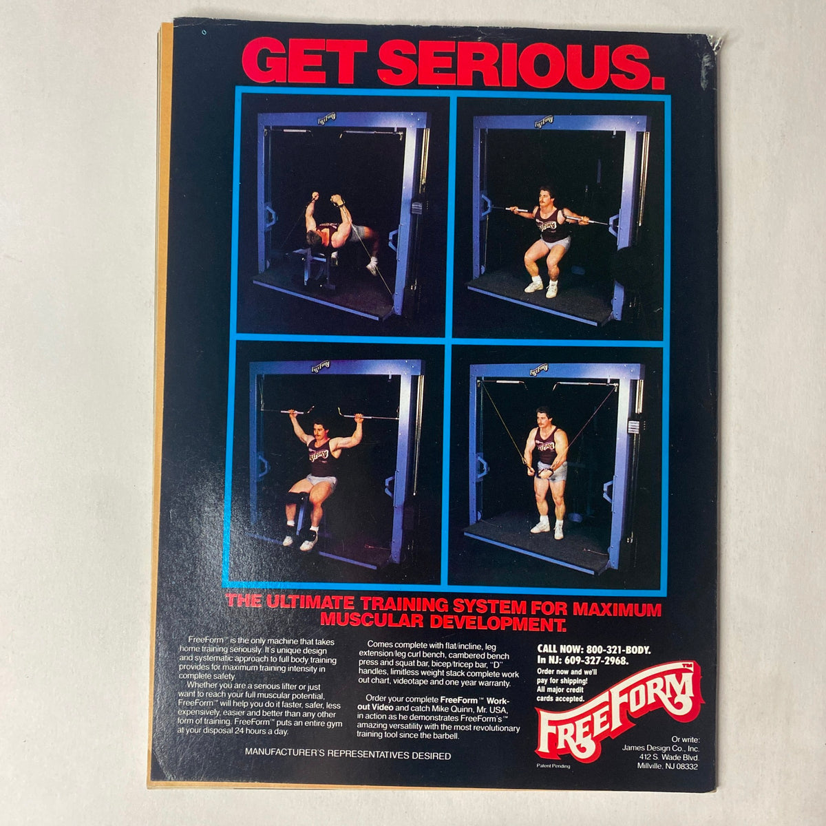 Back cover of Natural Physique Magazine October 1988 Vol 1 No 1 with an advertisement for a training system designed for maximum muscular development.