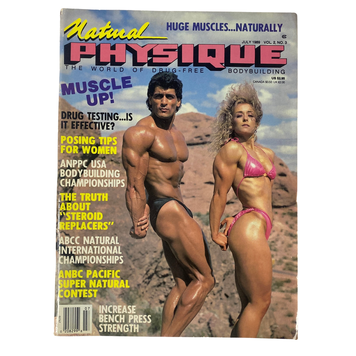 Cover of Natural Physique Magazine July 1989 featuring Pete Tsanios and Vikki Meads promoting drug-free bodybuilding.
