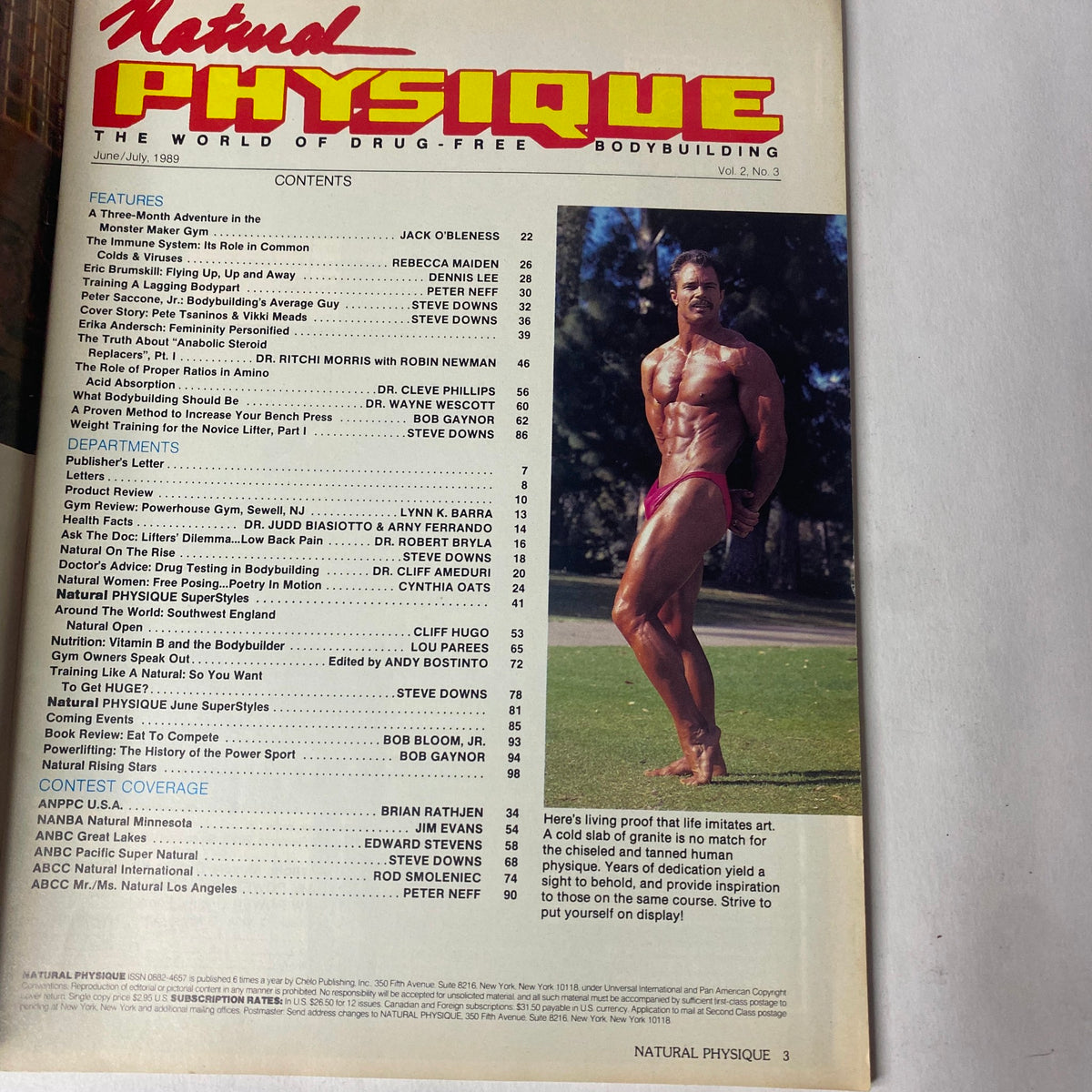 Contents page of Natural Physique Magazine July 1989 listing articles on bodybuilding and fitness.