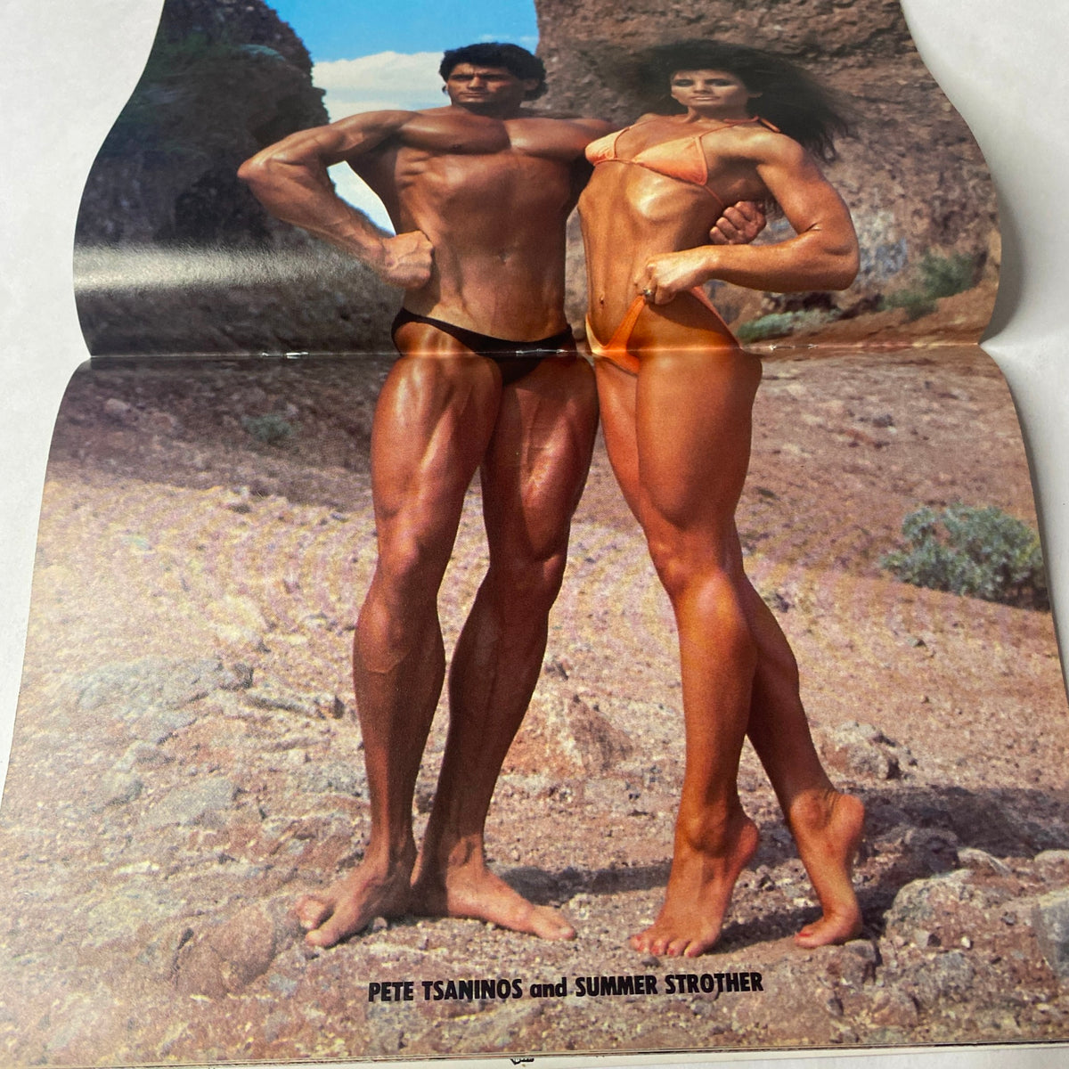Centerfold of Pete Tsanios and Summer Strother in Natural Physique Magazine July 1989 emphasizing natural bodybuilding physiques.