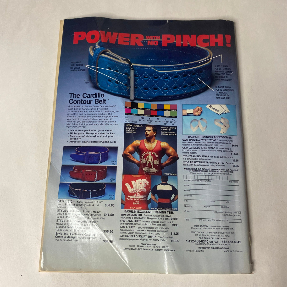 Back cover of Natural Physique Magazine March 1990 displaying a Cardillo Contour Belt advertisement for bodybuilding training accessories.