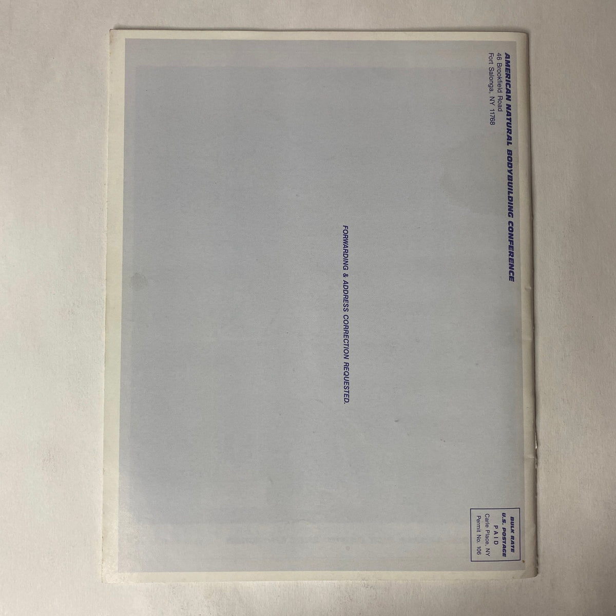 Back cover of ANBC Journal of Natural Bodybuilding, Fall 1987, showcasing the publication details of the American Natural Bodybuilding Conference.