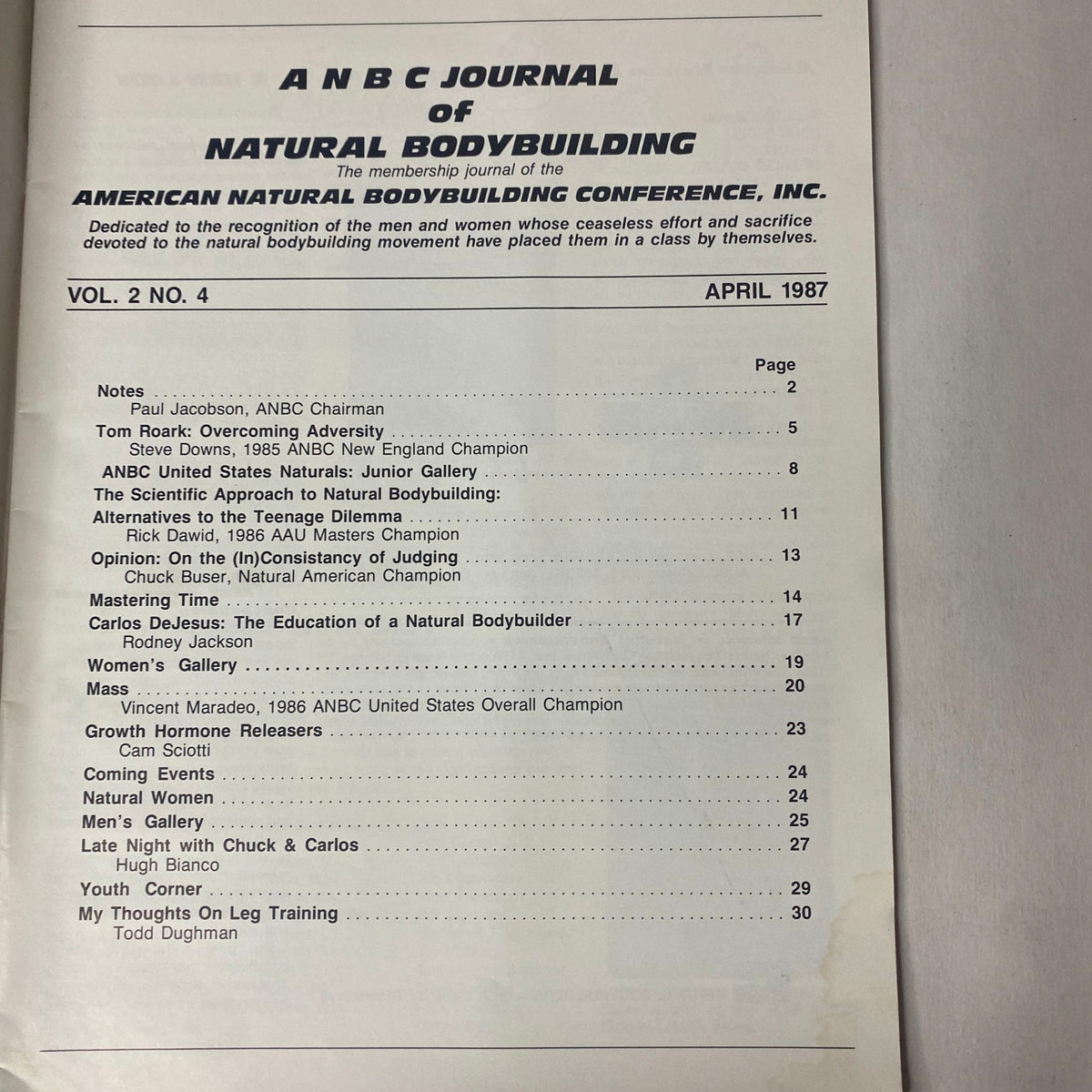 Table of contents for the ANBC Journal of Natural Bodybuilding April 1987 Vol 2 No. 4 outlining articles and contributors.
