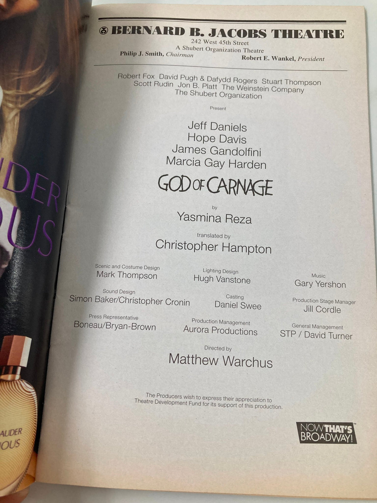 2009 Playbill for God of Carnage at Bernard B. Jacobs Theatre showcasing credits and production details for the acclaimed play by Yasmina Reza.