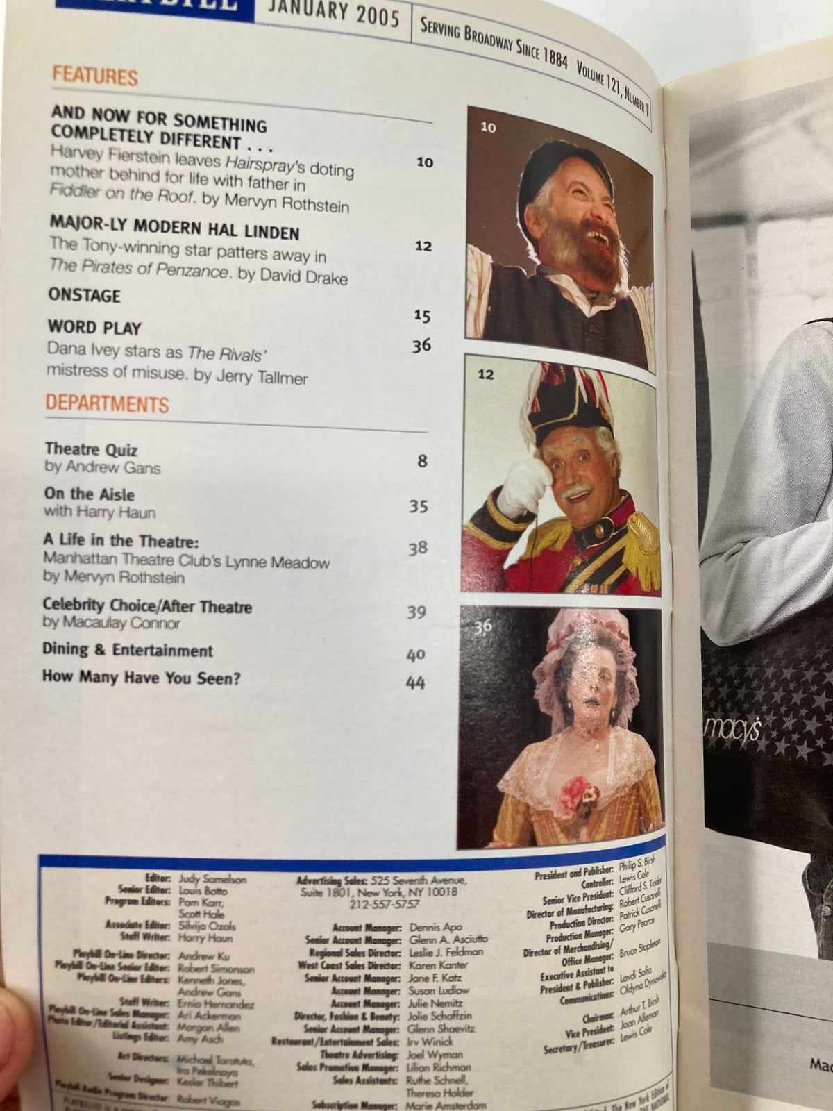 Inside page of the January 2005 Playbill featuring articles and a theater quiz related to Broadway productions.
