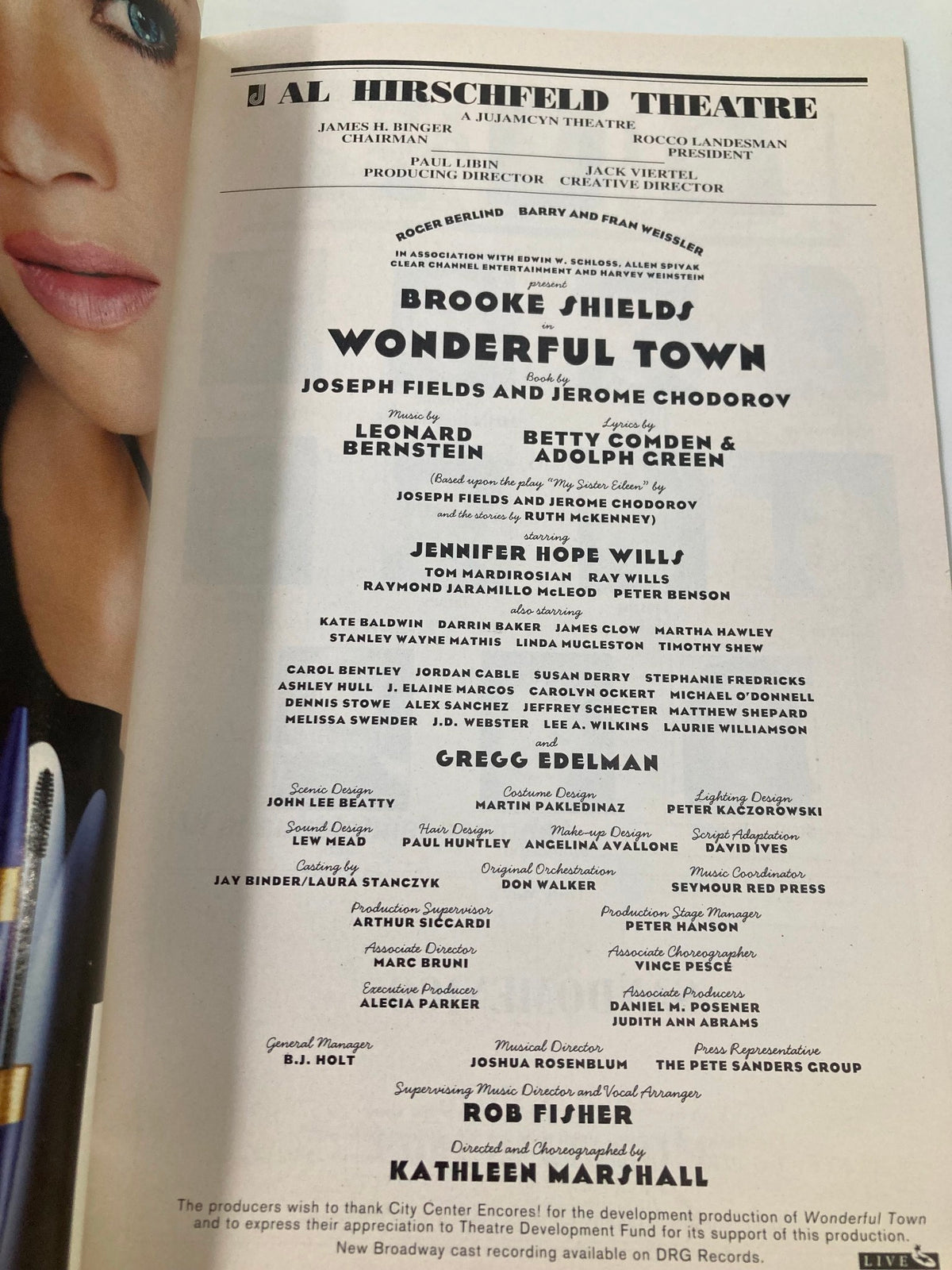 Cast list and production details for Brooke Shields in Wonderful Town at the Al Hirschfeld Theatre from the 2005 Playbill.