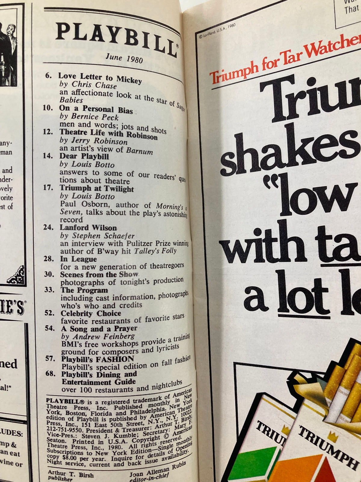 Inside page of the 1980 Playbill for 'Ain't Misbehavin' showcasing a list of performances and advertisements from the June issue.