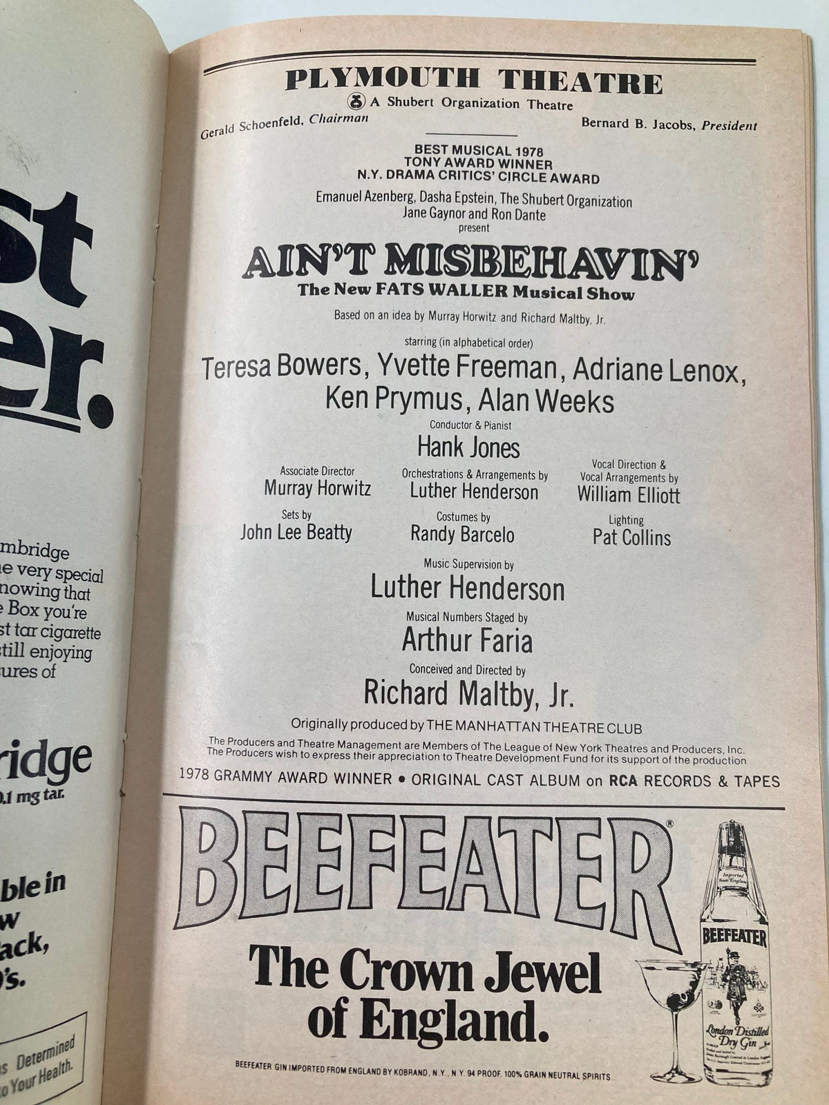 Advertisement page from the 1980 Playbill for 'Ain't Misbehavin' at Plymouth Theatre featuring cast details and promotional information.