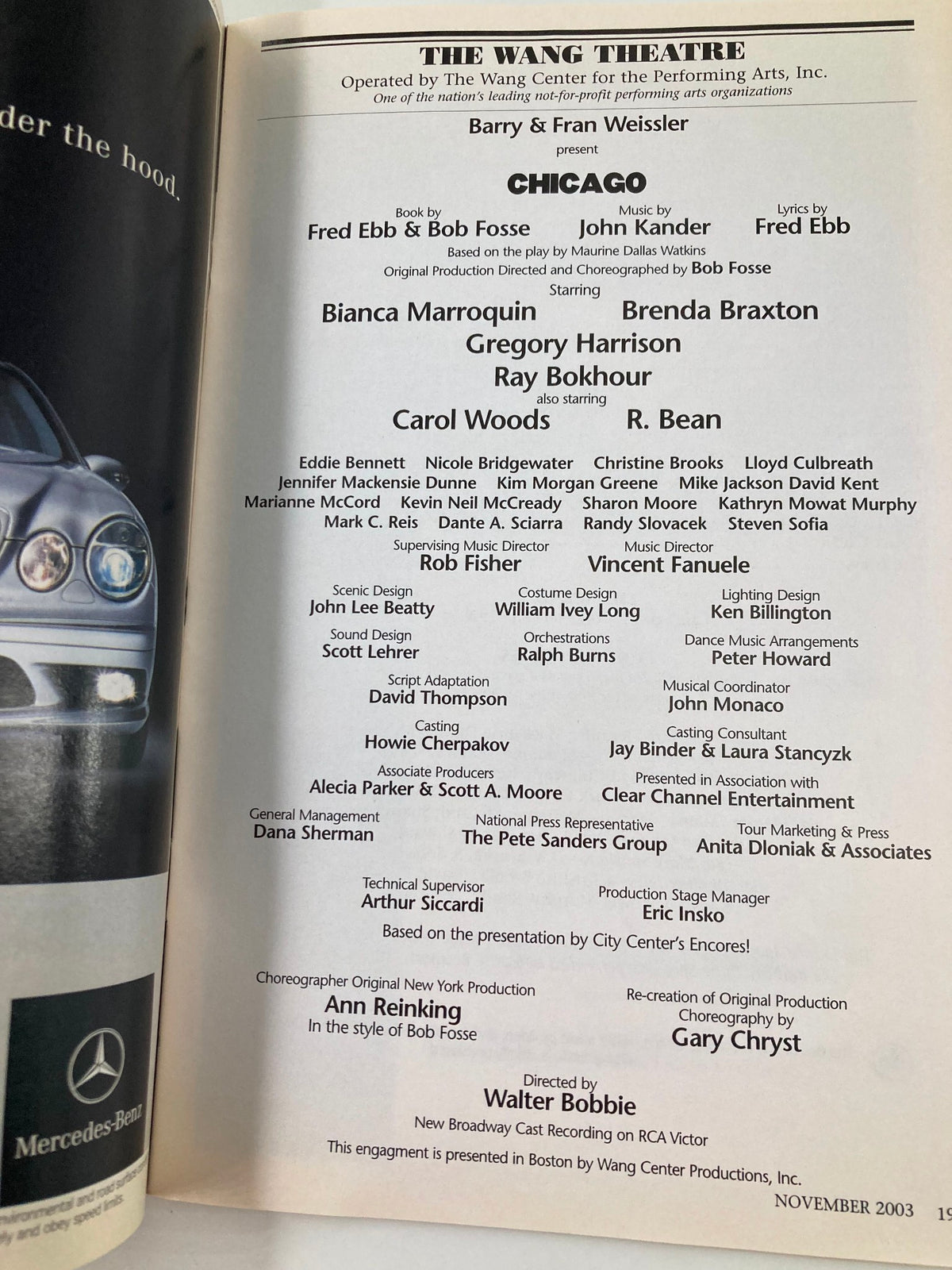 Cast list page from the 2003 Playbill for Chicago at the Wang Theatre, featuring names like Carol Woods and Ray Bokhour.