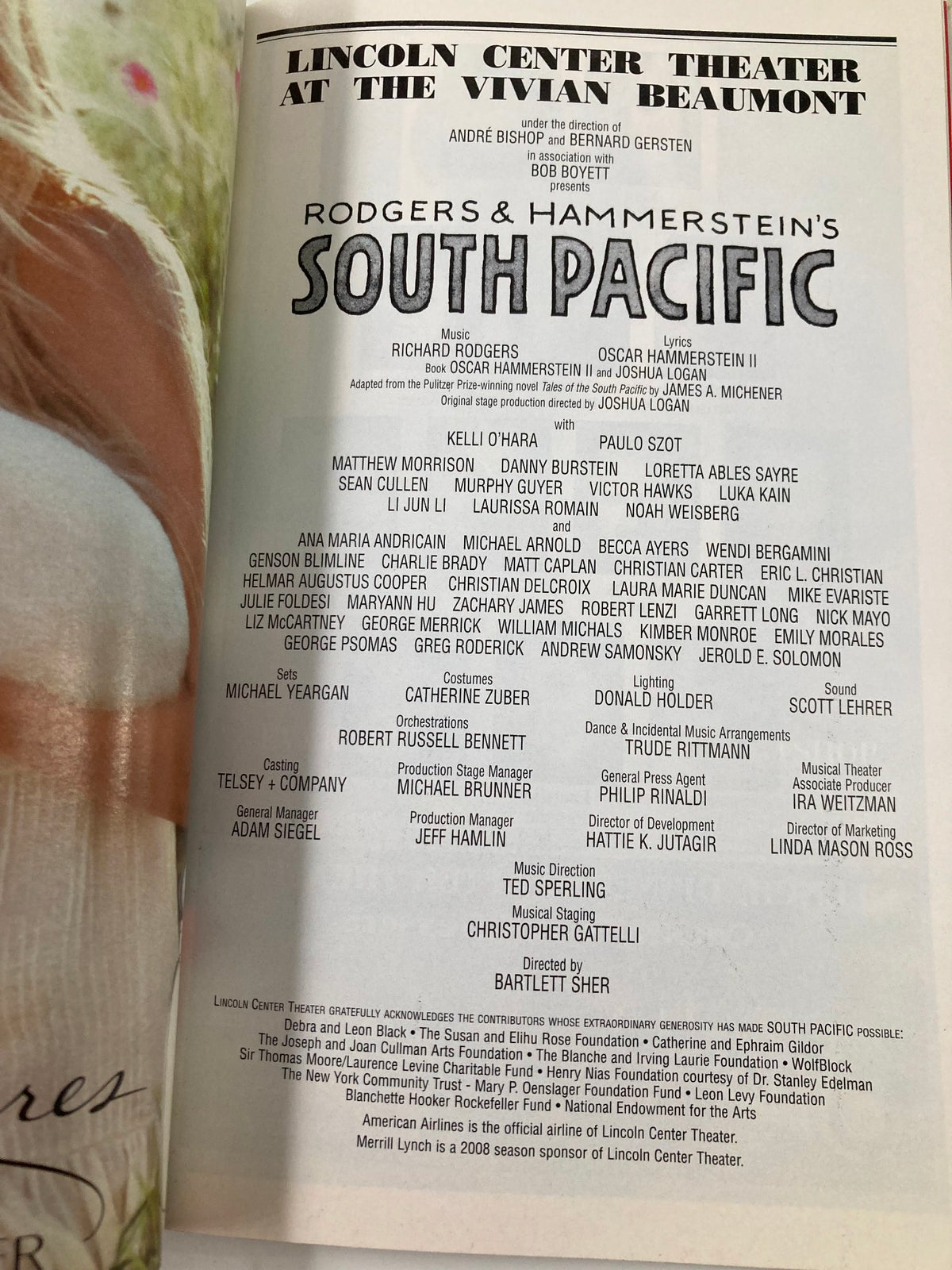 Cast page from the 2008 Playbill of South Pacific at Lincoln Center Theater, detailing the performers and creative team behind the production.