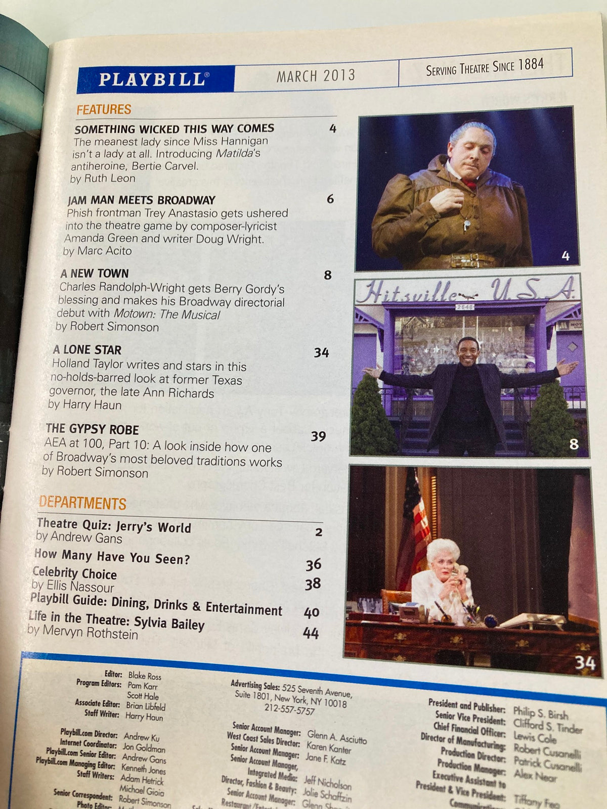 Interior page of the March 2013 Playbill, highlighting features and sections related to Broadway, including listings and articles, relevant to 'Vanya & Sonia, Masha & Spike'.