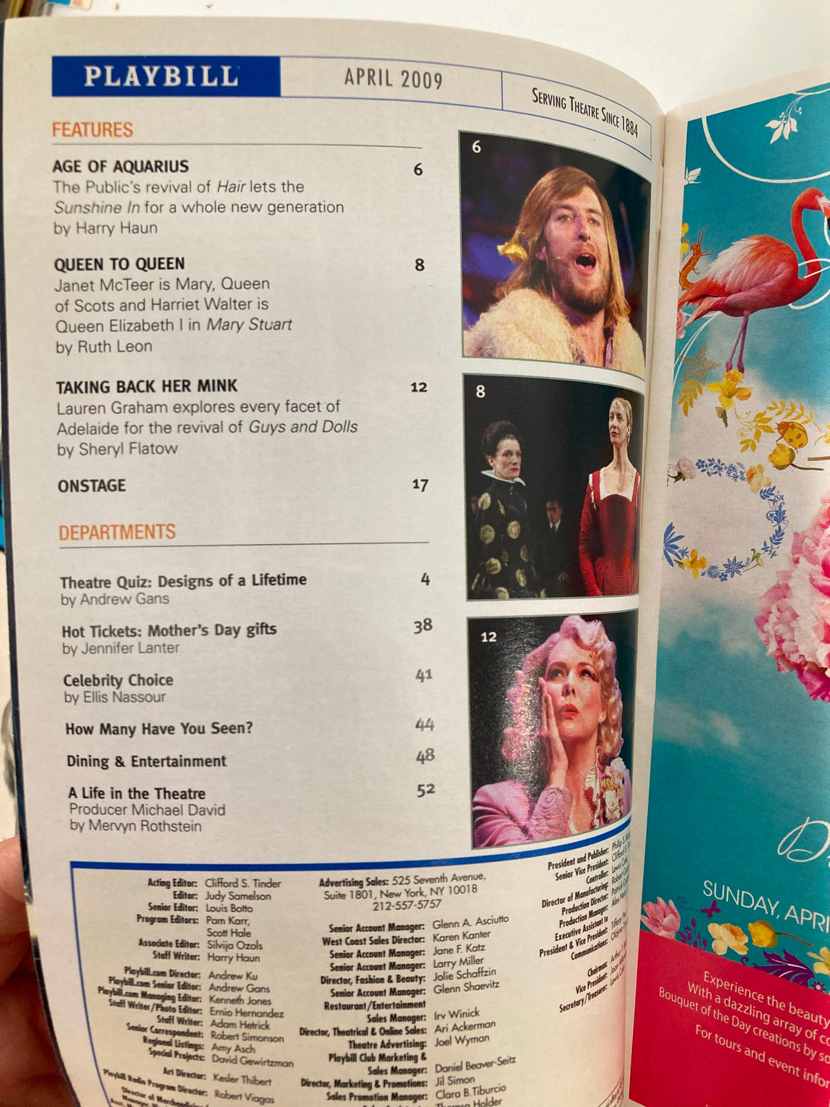 Detailed overview page from the April 2009 Playbill featuring highlights of the musical Hair and information about the show and the Sam S. Shubert Theatre. This Playbill includes the title '2009 Playbill Sam S. Shubert Theatre Angela Lansbury in Blithe Spirit VG'.