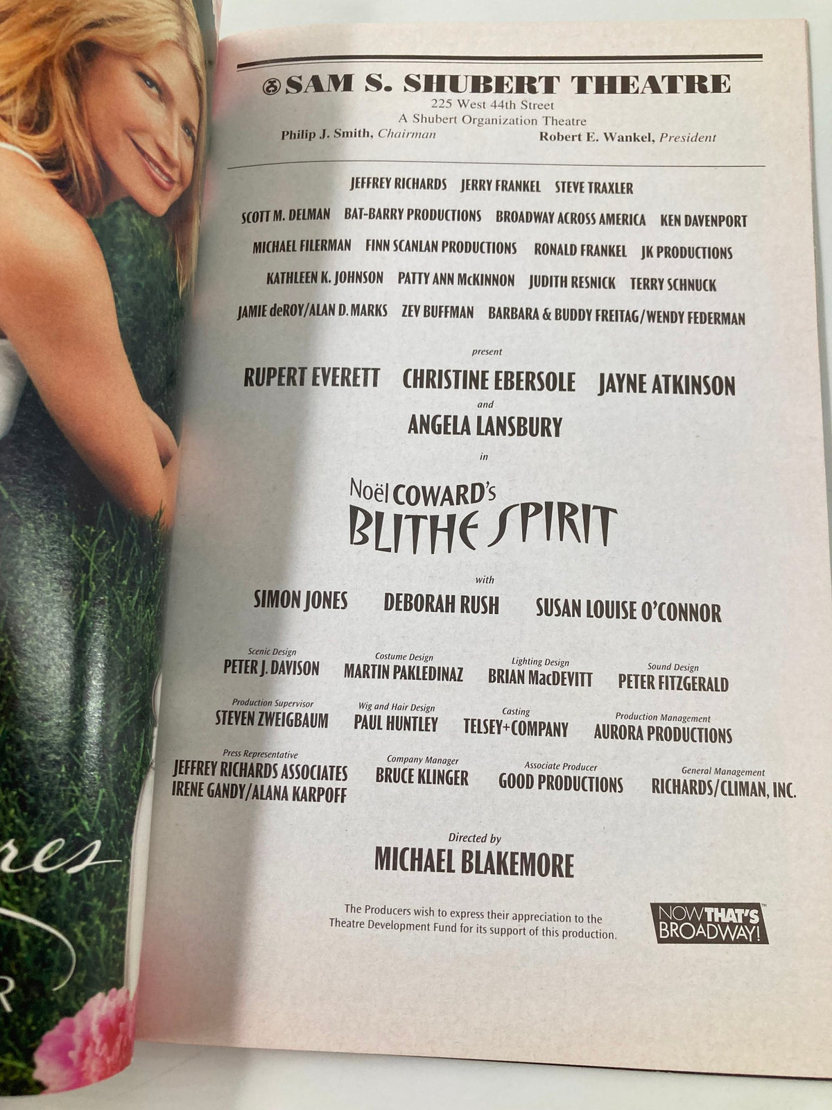 Cast and crew listing for the production of Blithe Spirit at the Sam S. Shubert Theatre featuring Angela Lansbury, highlighted in the 2009 Playbill. This image is part of '2009 Playbill Sam S. Shubert Theatre Angela Lansbury in Blithe Spirit VG'.