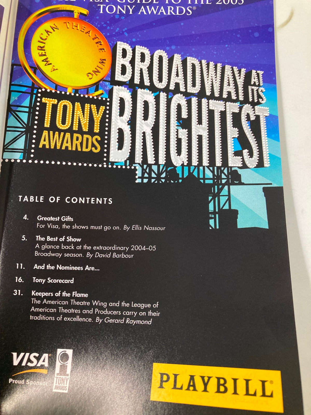 Inside page of the 2005 Playbill: The Visa Guide To The 2005 Tony Awards, showcasing the table of contents including sections like 'Greatest Gifts' and 'The Best of Show'.