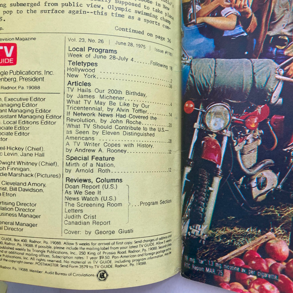 Inside page of TV Guide Magazine June 28, 1975 showing articles, local program listings, and features from the publication's mid-1970s layout with an emphasis on historical significance.