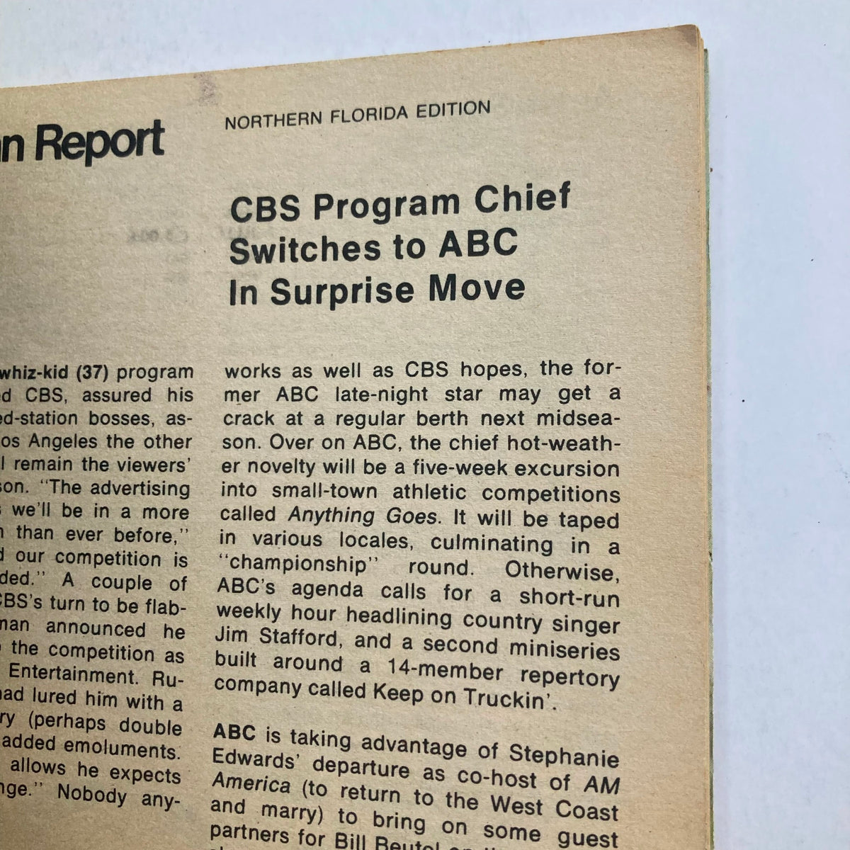 An interior page of TV Guide Magazine from May 31, 1975, featuring an article titled 'CBS Program Chief Switches to ABC In Surprise Move.' This issue highlights the cast of The Bob Newhart Show and discusses programming changes in television.