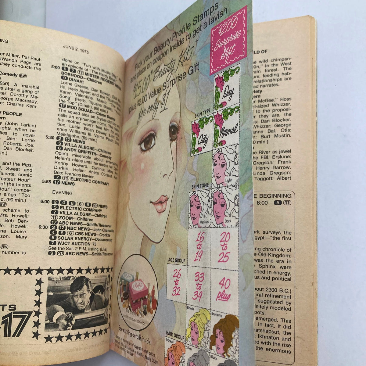 Another page from TV Guide Magazine dated June 2, 1975, showcasing a beauty profile stamps promotion along with TV listings. This vintage magazine includes details about shows and features from the era, relevant to the issue dated May 31, 1975, featuring The Bob Newhart Show.