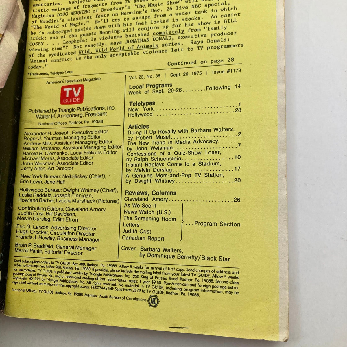 Back cover of TV Guide Magazine September 20 1975, featuring details and articles such as 'Doing It Up Royally with Barbara Walters' and various reviews and columns.