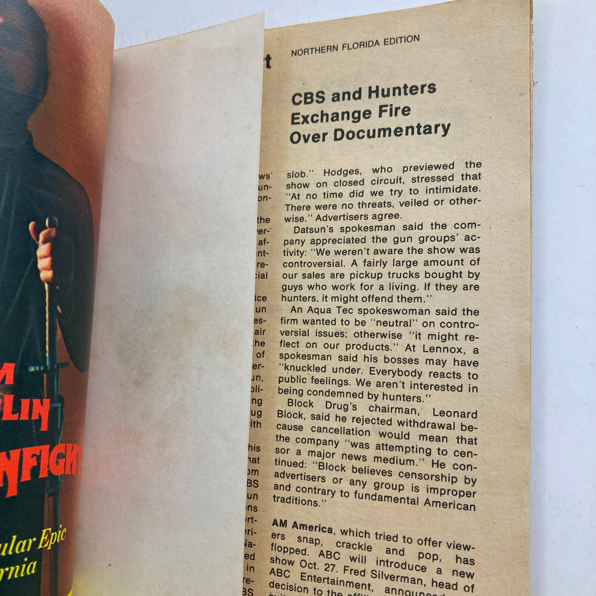 Inside page of TV Guide Magazine September 20 1975, Northern Florida Edition, covering an article about CBS and hunters exchanging fire over a documentary.