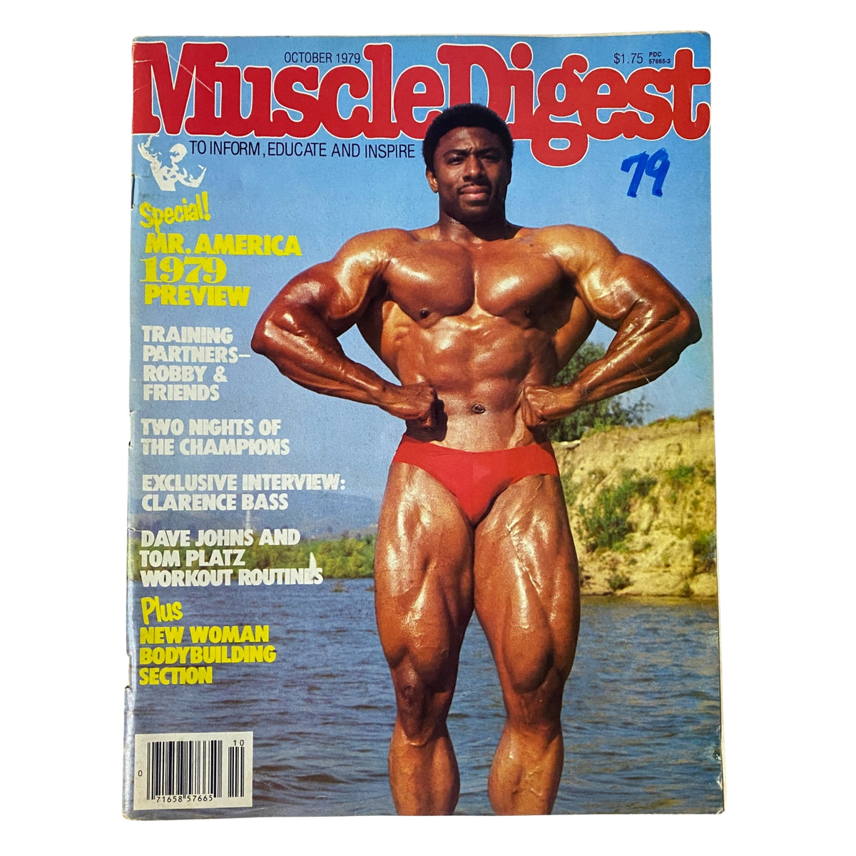 Muscle Digest Magazine October 1979 cover featuring Dave Johns showcasing his physique by the water, highlighting the issue's theme of bodybuilding.