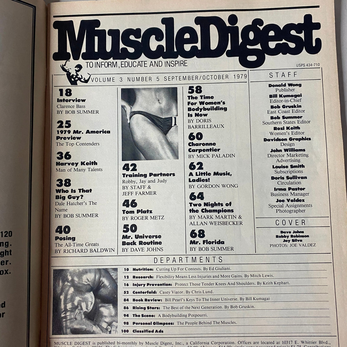Table of Contents from Muscle Digest Magazine October 1979 detailing articles and contributors, including interviews with Clarence Bass and contests.