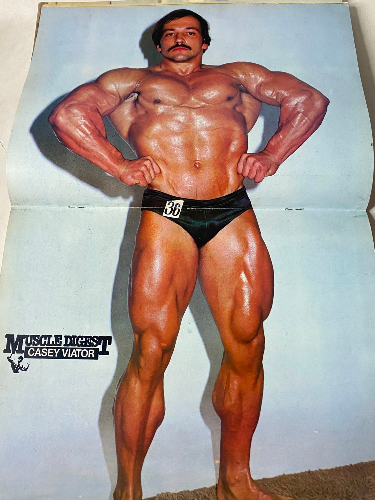 Centerfold of Muscle Digest Magazine October 1979 featuring Casey Viator in a bodybuilding pose, illustrating the magazine's focus on classic physique.