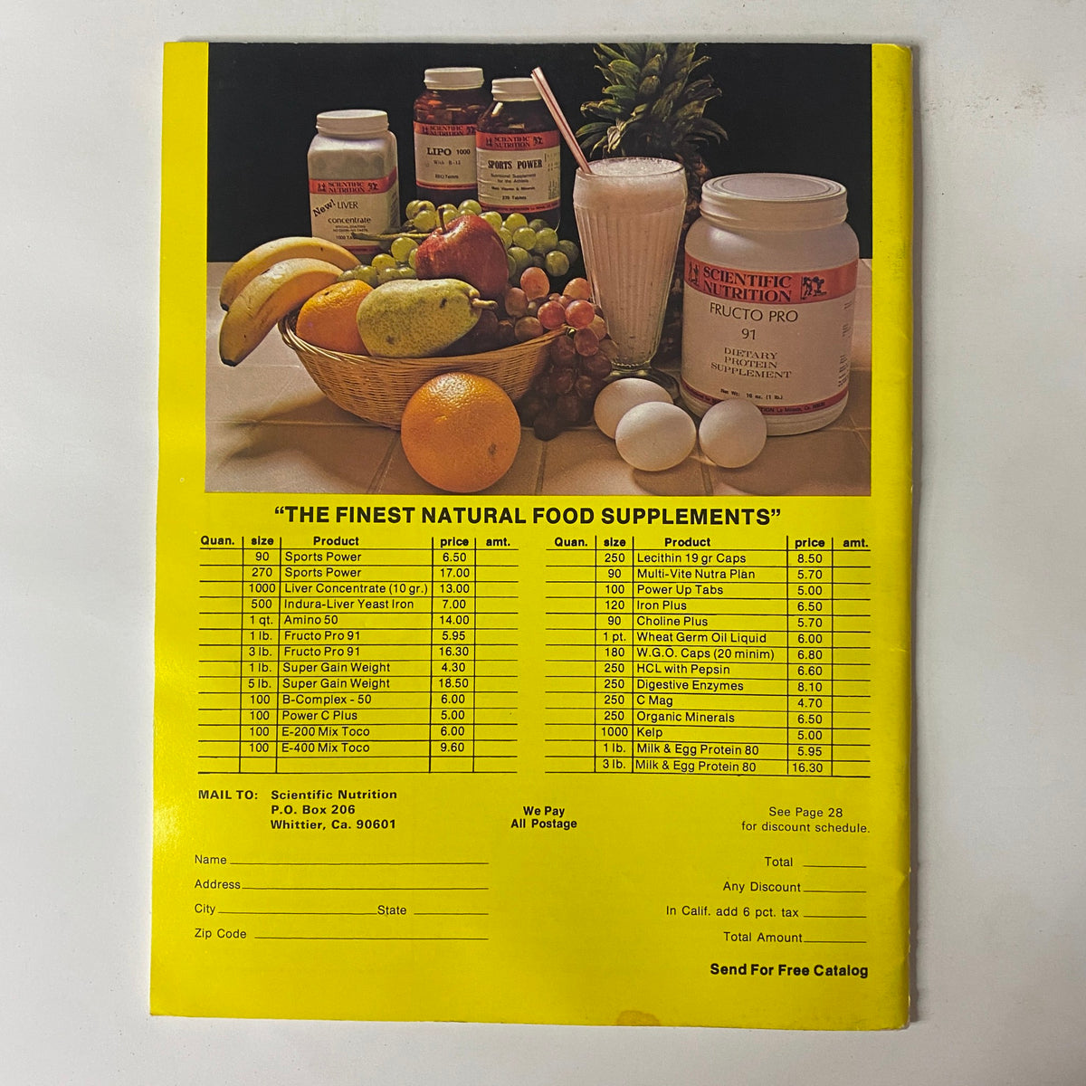 Back cover of Muscle Digest Magazine 1977 Vol 1 No. 7 featuring a colorful advertisement for natural food supplements alongside fruits and drinks.