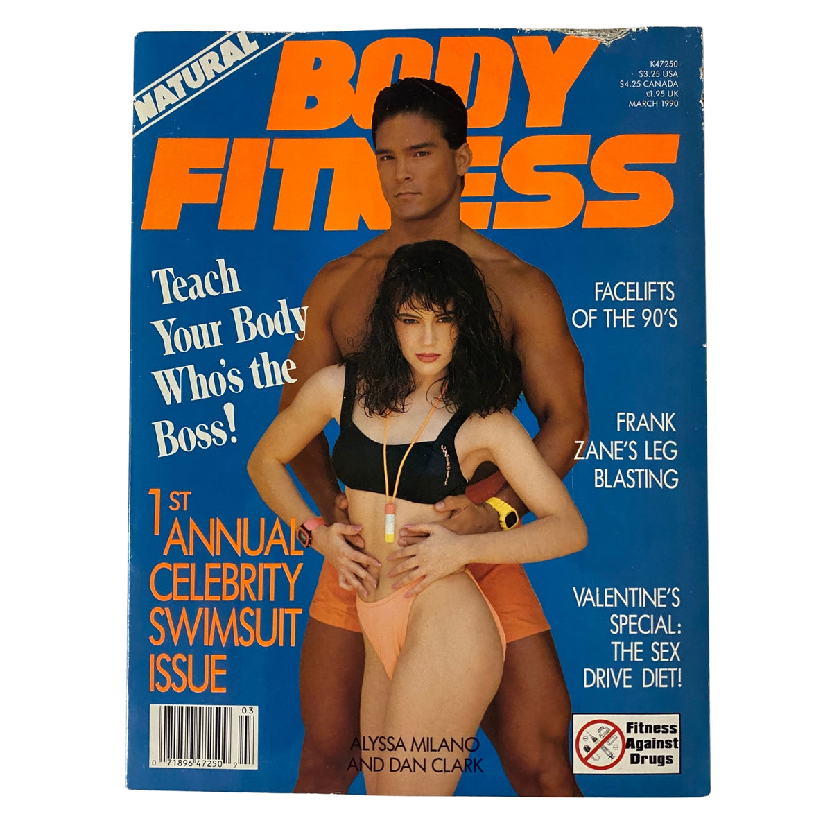 Natural Body Fitness Magazine March 1990 cover featuring Daniel Clark and Alyssa Milano, with a highlight on the 1st Annual Celebrity Swimsuit Issue.