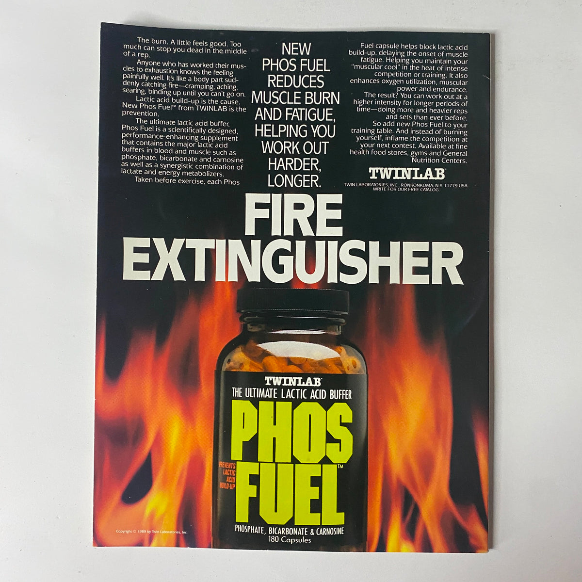 Advertisement in Natural Body Fitness Magazine March 1990 for Twinlab Phos Fuel, promoting muscle recovery and performance enhancement.