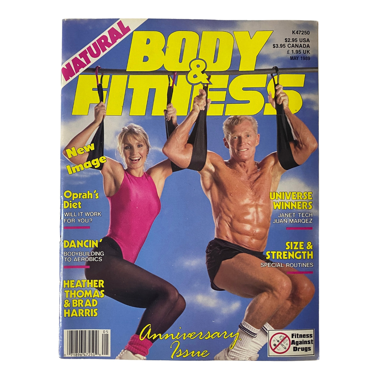Cover of Natural Body & Fitness Magazine May 1989 featuring Heather Thomas and Brad Harris. Highlights include articles on Oprah's diet, aerobics, and fitness strategies.