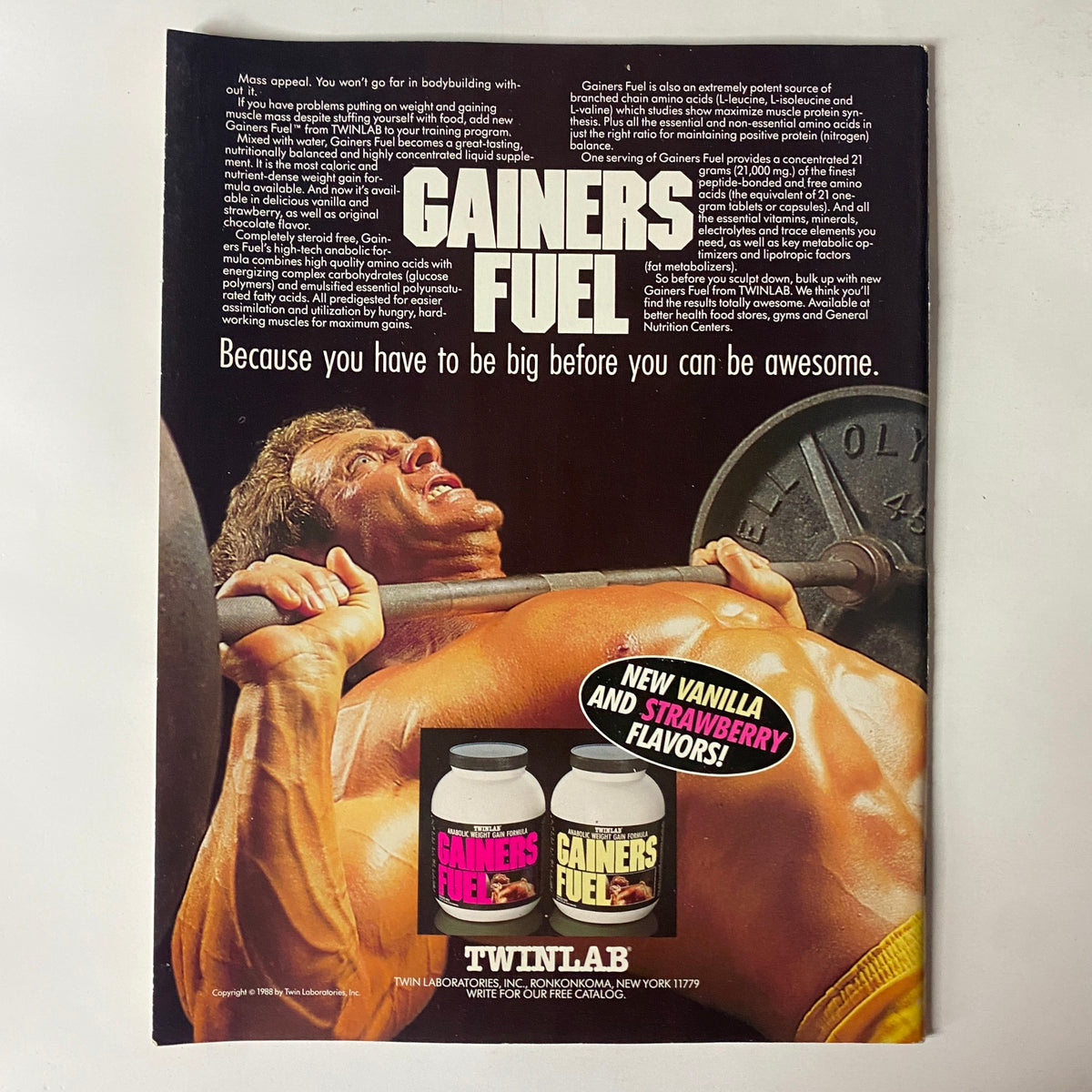 Advertisement for Gainers Fuel in Natural Body & Fitness Magazine May 1989, promoting new vanilla and strawberry flavors for bodybuilding supplements.
