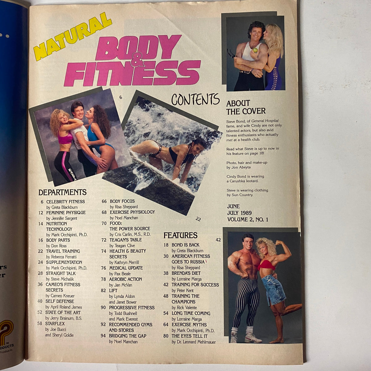 Contents page of Natural Body & Fitness Magazine, July 1989, Vol. 2 No. 1, showcasing articles including 'Bond Is Back' and 'Training for Success'.
