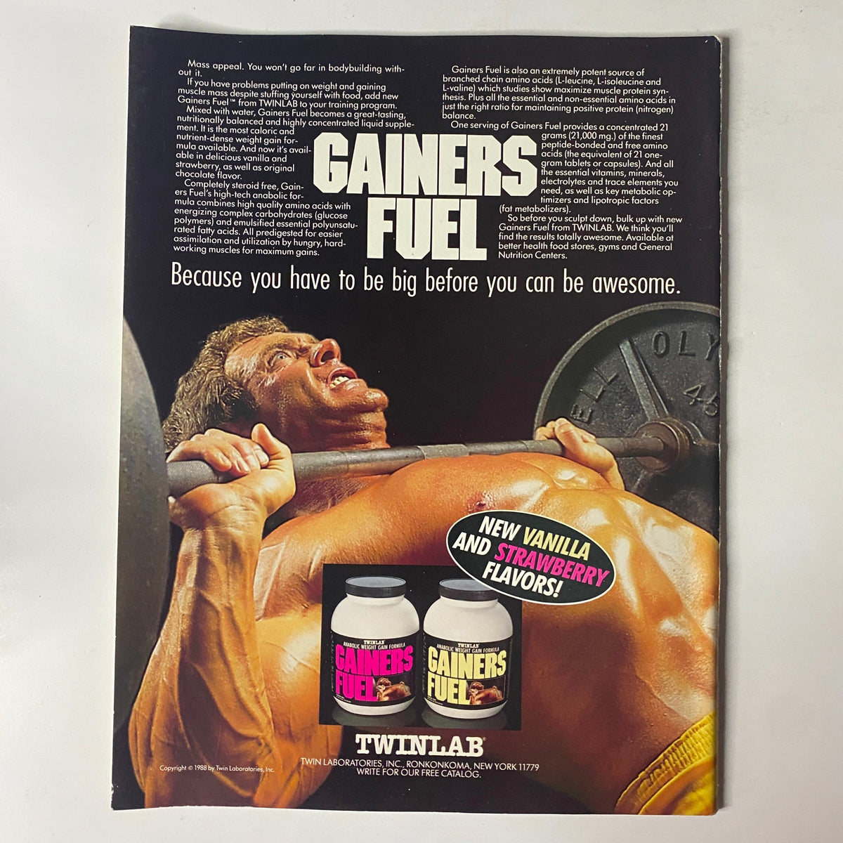 Advertisement for Gainers Fuel from Twinlab in Natural Body & Fitness Magazine March 1989, promoting bodybuilding supplements.