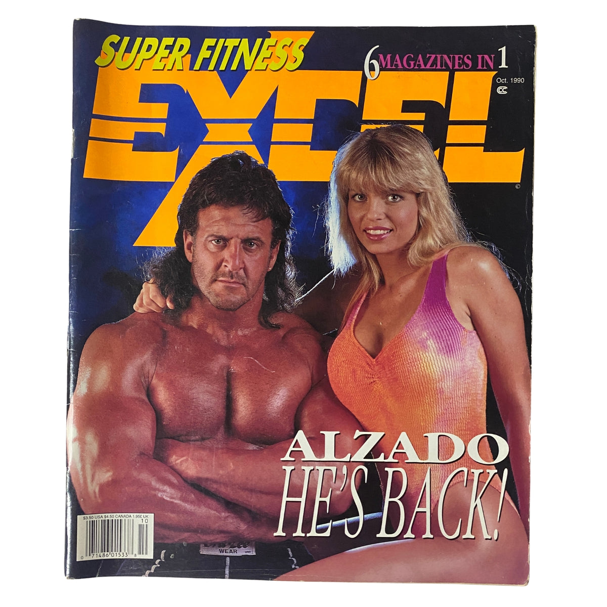 Super Fitness Excel Magazine, October 1990, featuring Lyle Alzado on the cover. The magazine showcases fitness culture with vibrant colors and a strong bodybuilding theme.