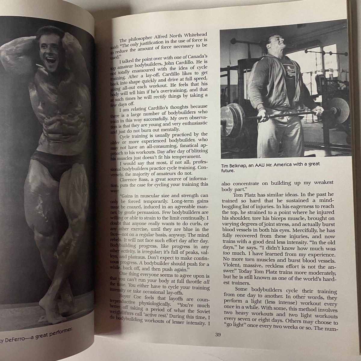 Interior page of 'Beef It! Upping The Muscle Mass' by Robert Kennedy, showcasing a photograph of a bodybuilder and text discussing bodybuilding techniques
