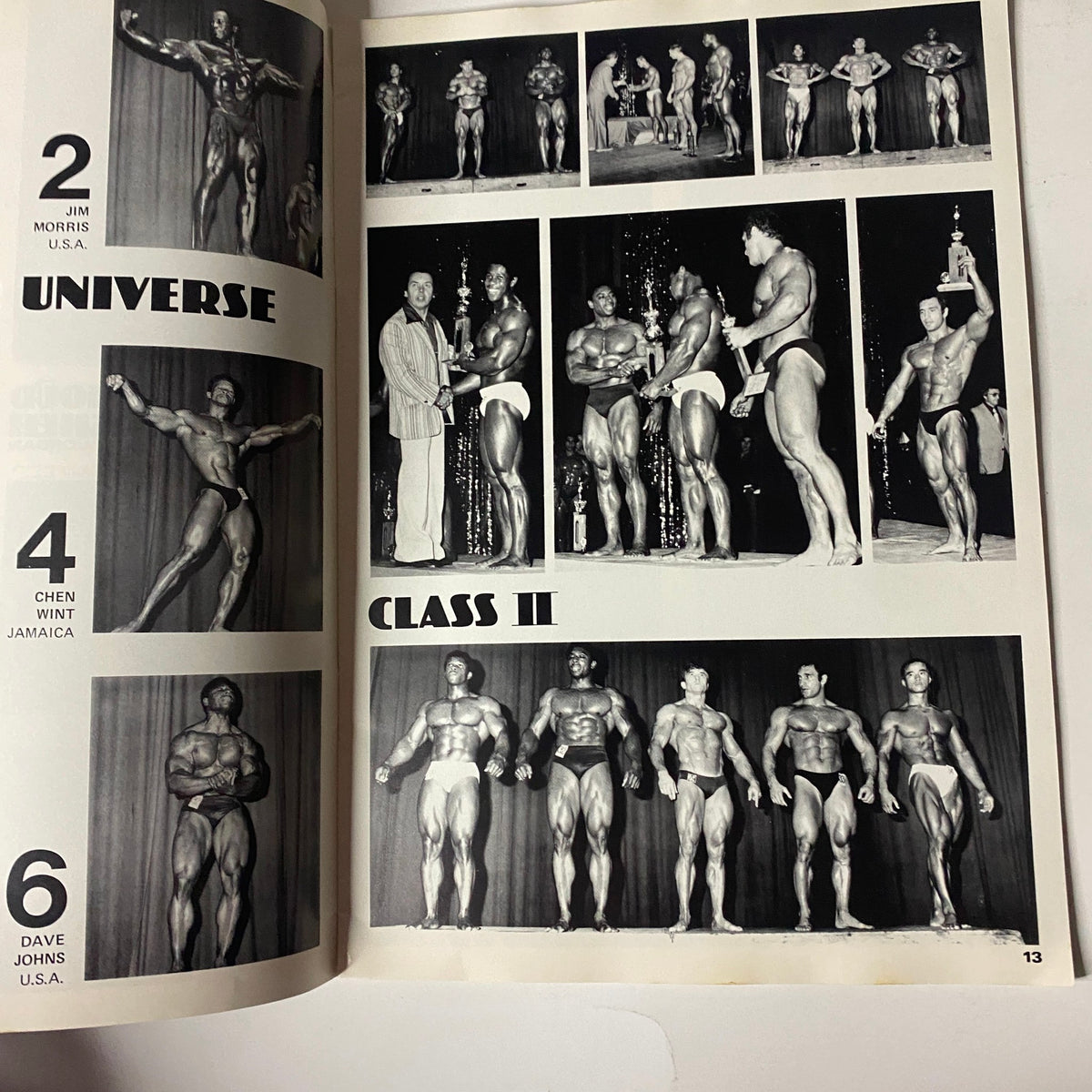 1977 NABBA Mr. Universe by Edward Hankey featuring Jim Morris, Chen Winit, and Dave Johns in Class II, capturing a moment from the prestigious bodybuilding event.