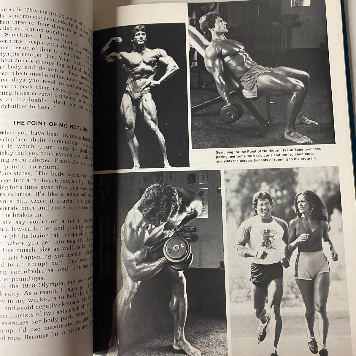Pages from the 1984 Competitive Bodybuilding book displaying classic bodybuilding photographs and training techniques.